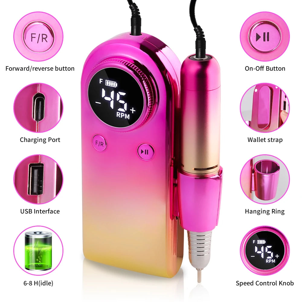 45000RPM Professional Electric Nail Drill Rechargeable Low Noise Nail Sander File for Gel Nail Polish Manicure Salon Tool